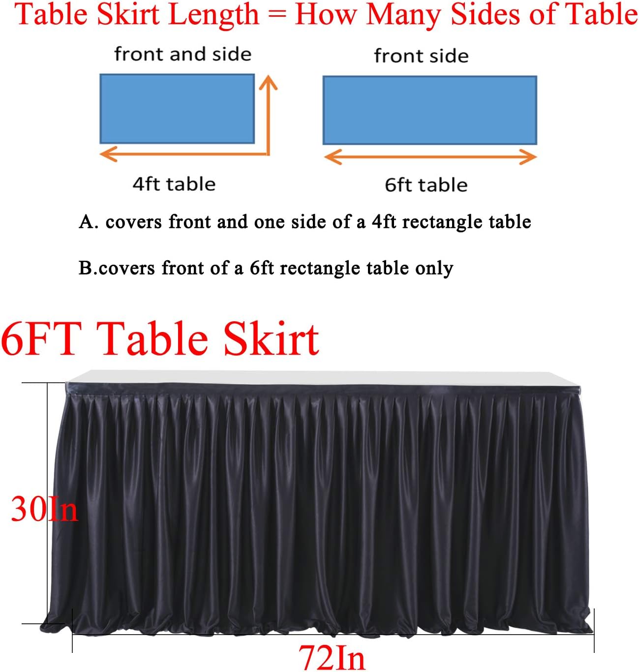 Black Table Skirts for Rectangle Tables - 6ft Polyester Tablecloth Skirt with Ruffle for Birthday Party, Banquet, Wedding, Bridal Shower Decorations