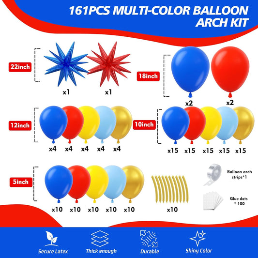 161Pcs Cartoon Balloon Garland Arch Kit - Balloons with 4D Star Gold Long Balloons for Birthday Baby Shower Cartoon Carnival Circus Hedgehog Super Hero Gamer Theme Backdrop Party Decorations