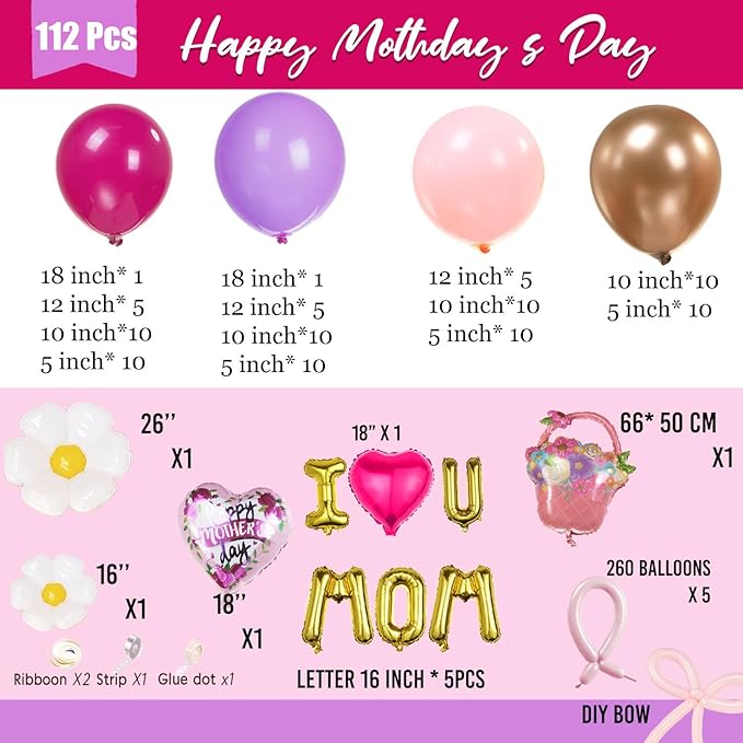 Mothers day Balloon Garland Kit Hot Pink and Rose gold Rustic Elegant Party Decorations with Foil Heart Letters Floral Basket Daisy Balloons for Indoor Outdoor Premium Party Supplies