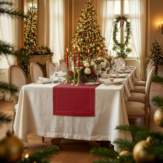 D'Moksha Homes Linen Red Table Runner 132 Inches Long - 100% Pure Linen Extra Long Table Runner 14 x 132 Inch for Fall, Autumn and Halloween - Classic Hemstitch