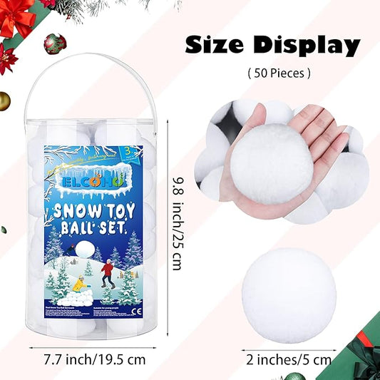 Elcoho 50 Pieces 2 Inch Artificial Snow Toy Ball Set with Bucket for Storage Kids Snow Fight Ball Realistic Snow White Plush Toss Ball for Kids Toss Game Winter Snow Fight Indoor Outdoor Xmas Decor