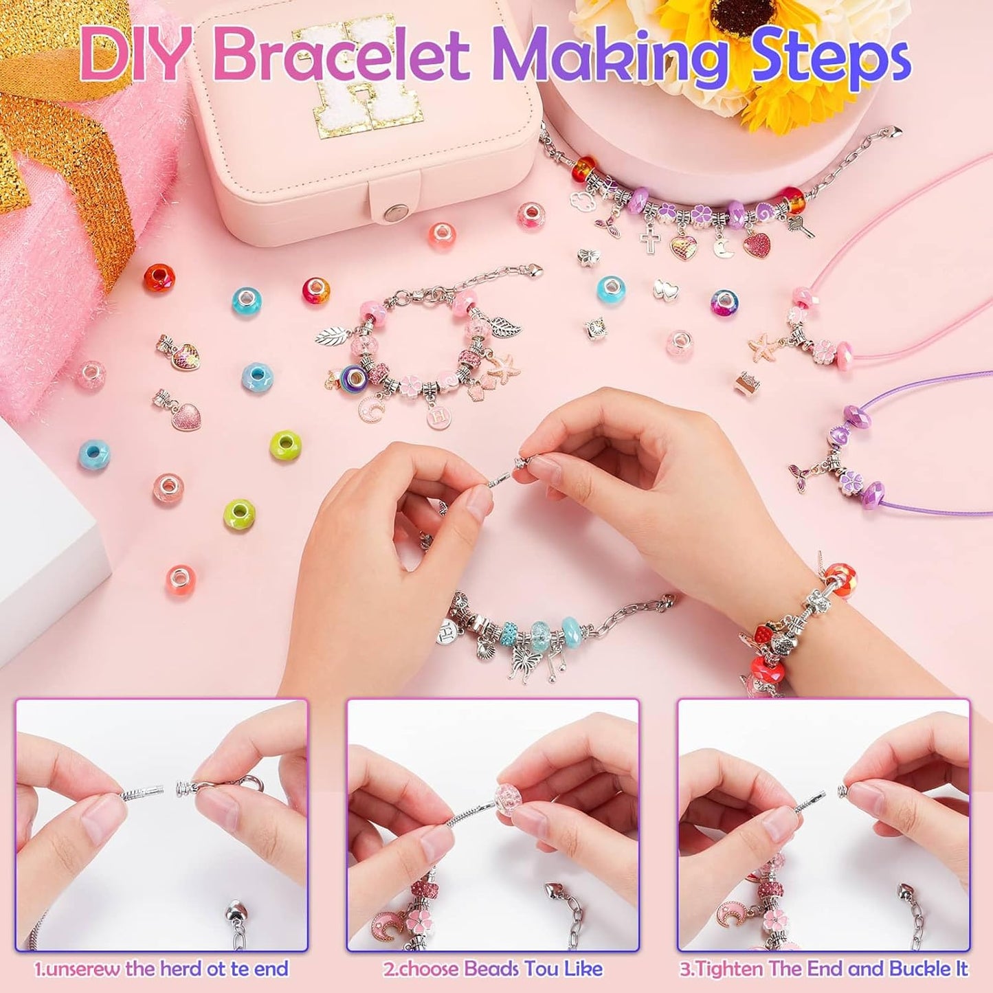 Billbotk Cute Bracelet Making Kit with Bracelet Box Charm Beads Pendants for Jewelry Making Craft Kit for Gifts