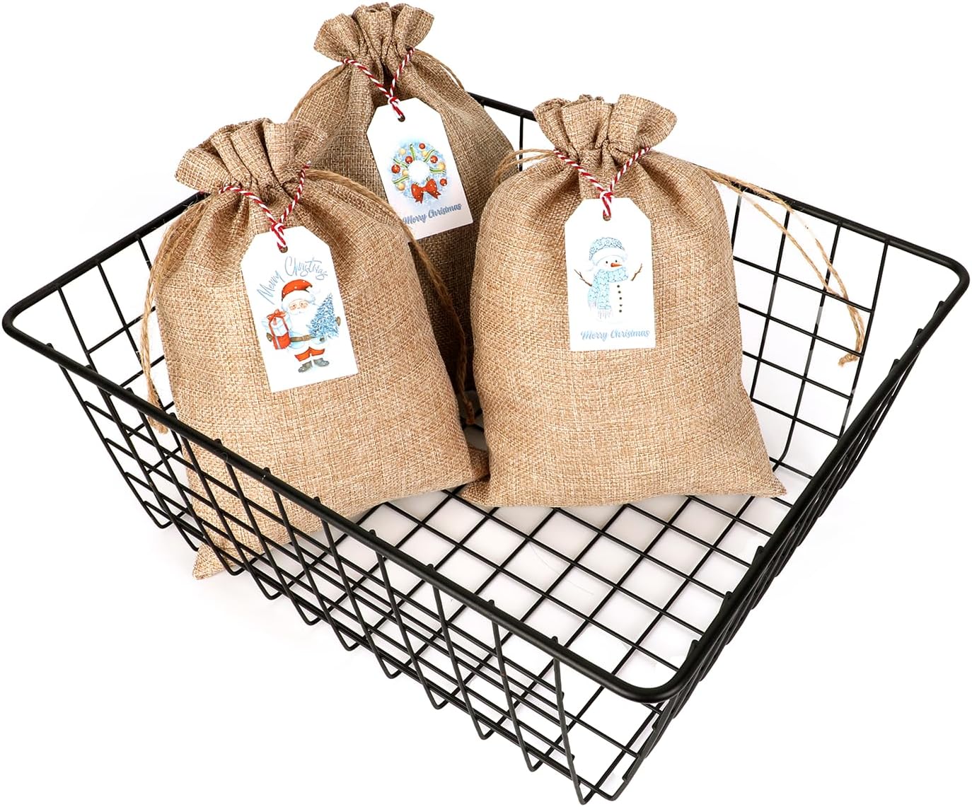 Tapleap Burlap Bags with Drawstring, 7x10 Inches Burlap Sack with Christmas Tags and String (Lot of 50) for Wrapping Christmas Gifts, Party Favors for Coworker, Classmates, Children or Neighbors