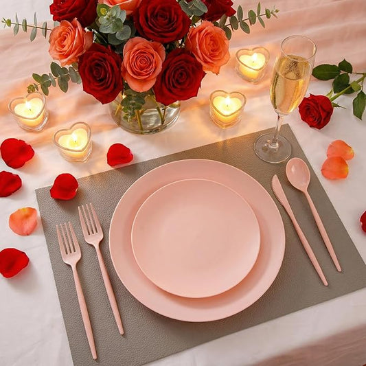 EI 150pcs Pink Plastic Plates Pink Disposable Heavy Duty Plastic Plates for Party Dinnerware Set Pink Plastic Silverware for Party Wedding Afternoon Tea,Spring,Mother's Day,Valentine's Day,Easter
