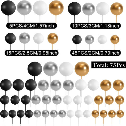 75 Pieces Cake Balls Topper Decorations Foam Cupcake Topper Mini Balloon Cake Topper Balls Cake Picks for Cake Deco Birthday Party Wedding(Black, Gold. Silver, White)