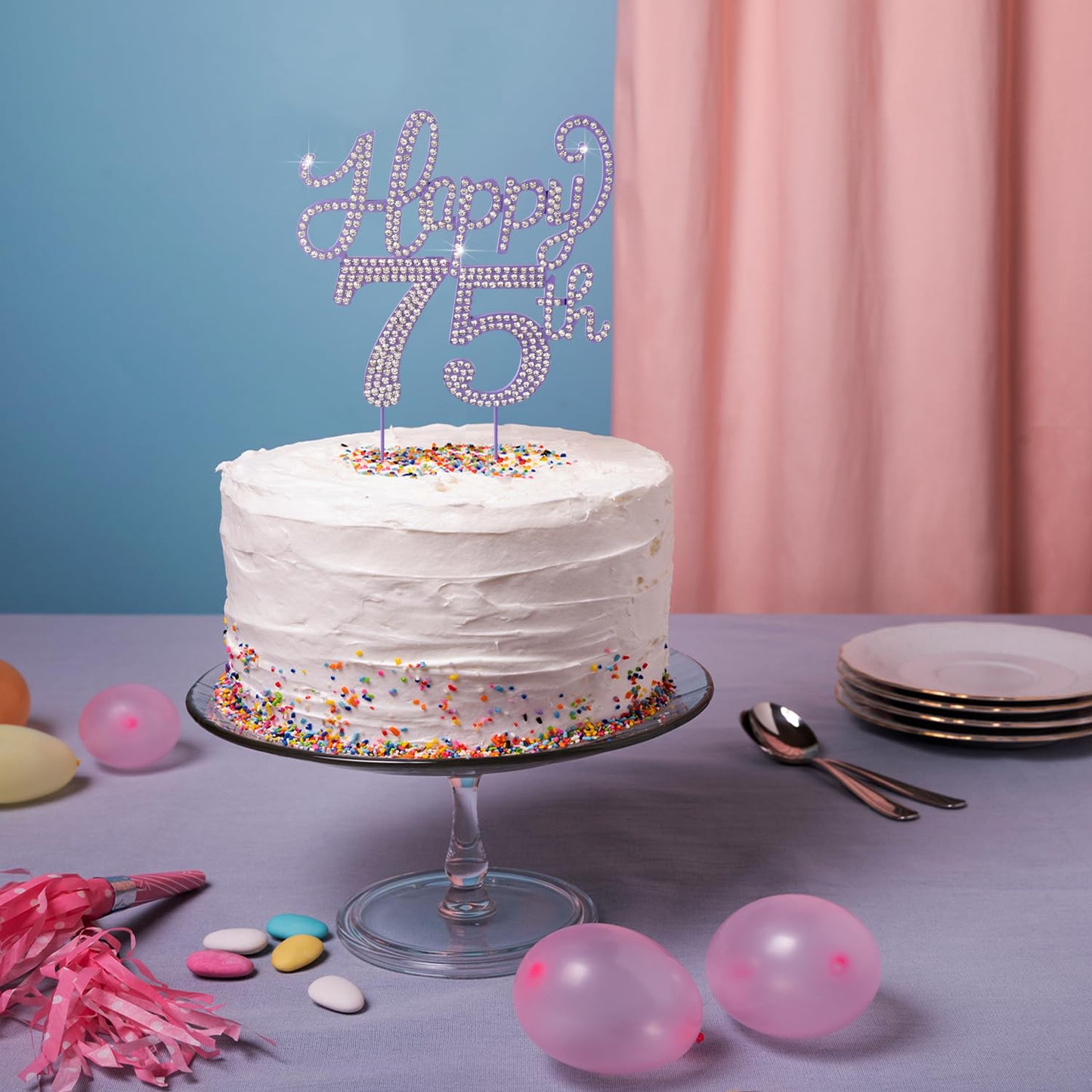 LASKYER Happy 75th Birthday Decorations,75th Birthday Purple Rhinestone Cake Topper - Cheers to 75 Years Old Bday Party Metal Sparkly Cake Centerpieces Sign.