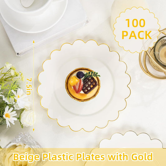 LIYH 100 Pcs Ivory Plastic Plates with Gold Rim- Dessert Plates 7.5" Disposable Scalloped Fancy Gold Plastic Plate, Baby Shower Cake Plate Party Tableware Dishes