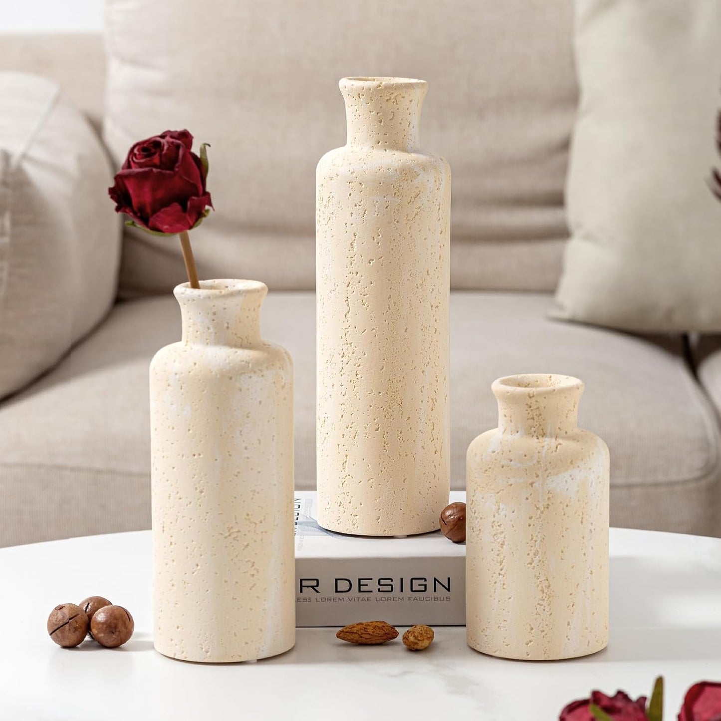 Flower Vase Set, Stone Look, 3 PCS Small Decorative Bud Vases for Pampas Grass, Farmhouse Decor, Kitchen, Living Room, Bathroom, Bedroom, Office, Shelf Centerpiece Table Decoration (Yellow)