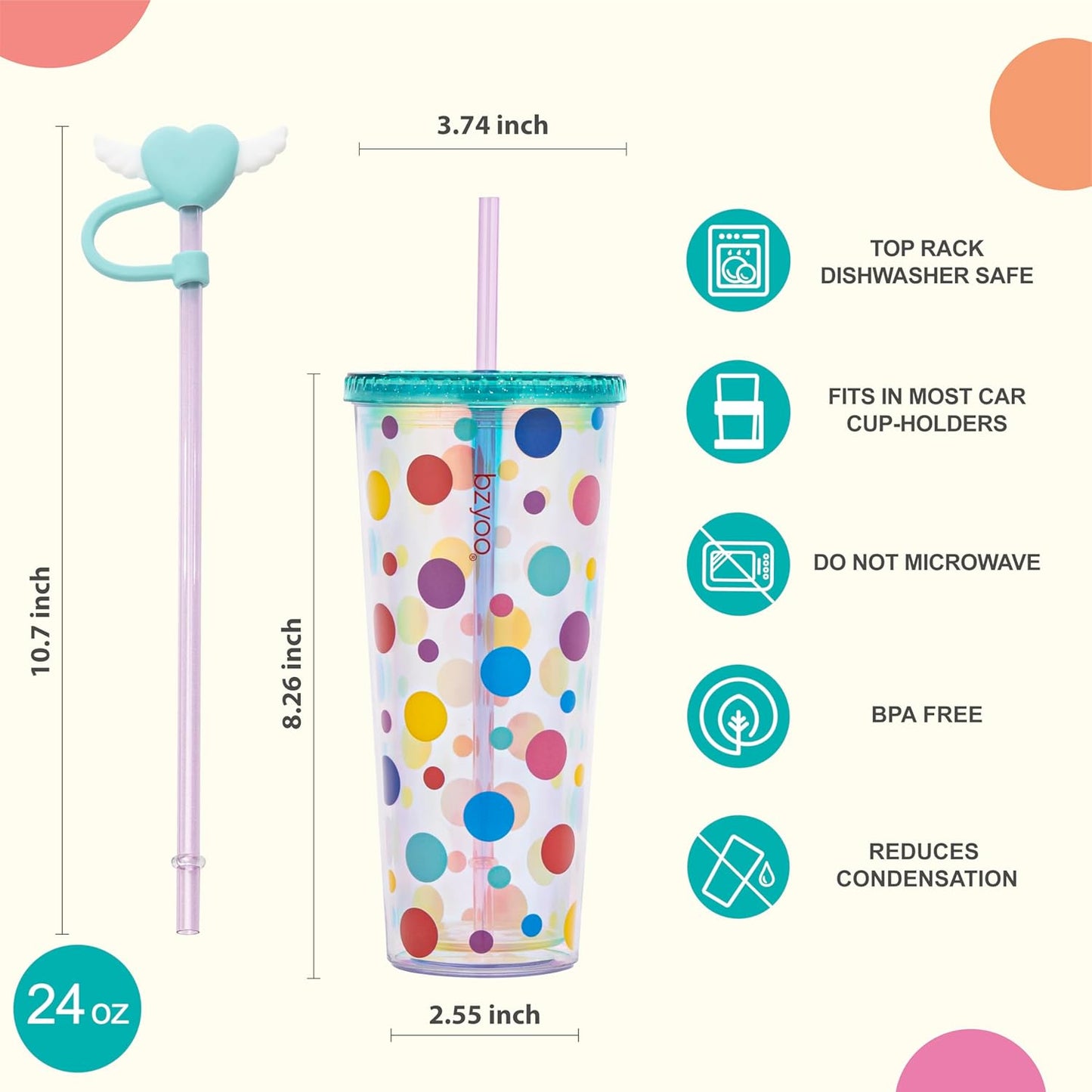 bzyoo 24 oz SIP Tumbler with Heart-Shaped w/Wing Straw Cap Cover– Cute DotDot Design Iridescent Tumbler, BPA-Free Cup with Lid and Straw, Perfect for Iced Coffee, Tea, Party and Gift