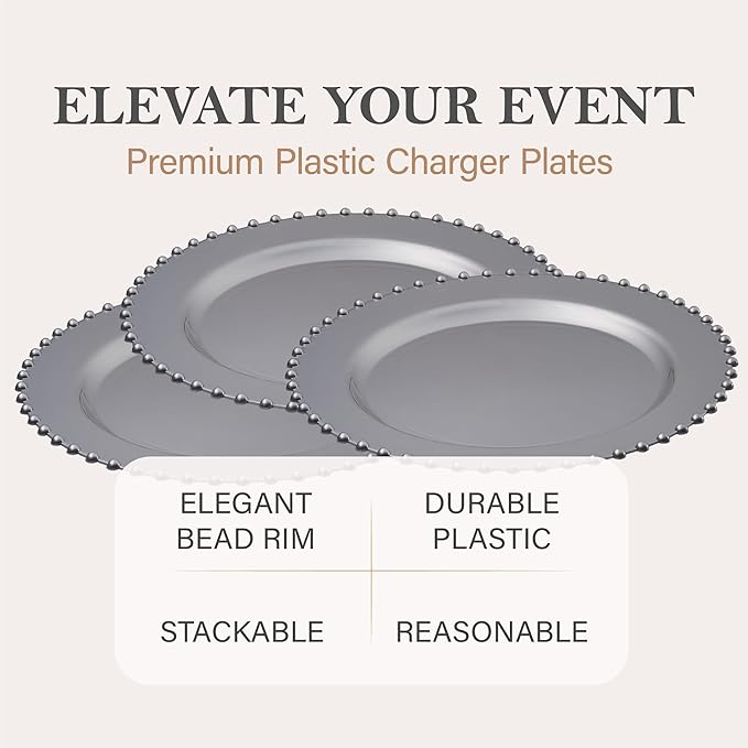 PLASTICPRO Silver Plastic Charger Plates with Beaded Edge – Pack of 4 – 13" Elegant Round Disposable Chargers for Weddings, Events, Parties, and Dinners