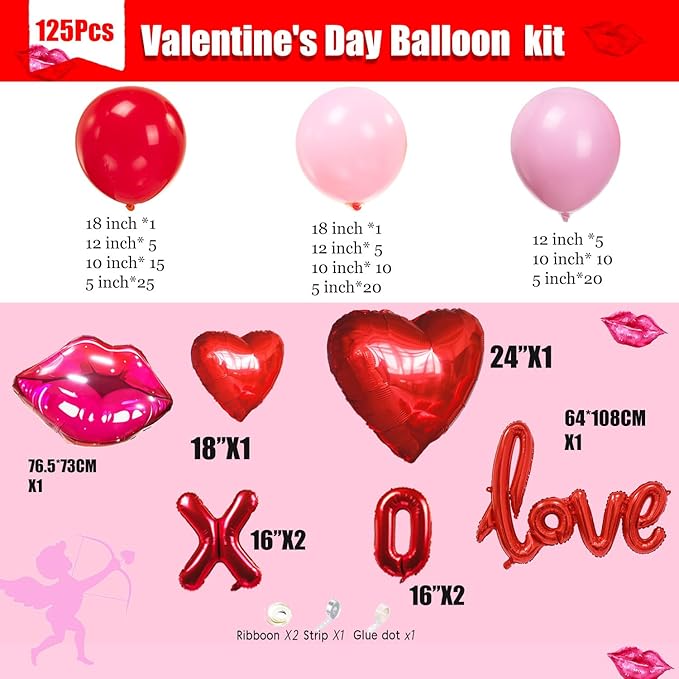 Red Pink balloon garland arch kit 125pcs with Bow and arrow XXOO lip heart shaped balloons for Girls Galentines Valentine's Day Wedding Bachelorette Engagement Anniversary Party decorations (Red Pink)