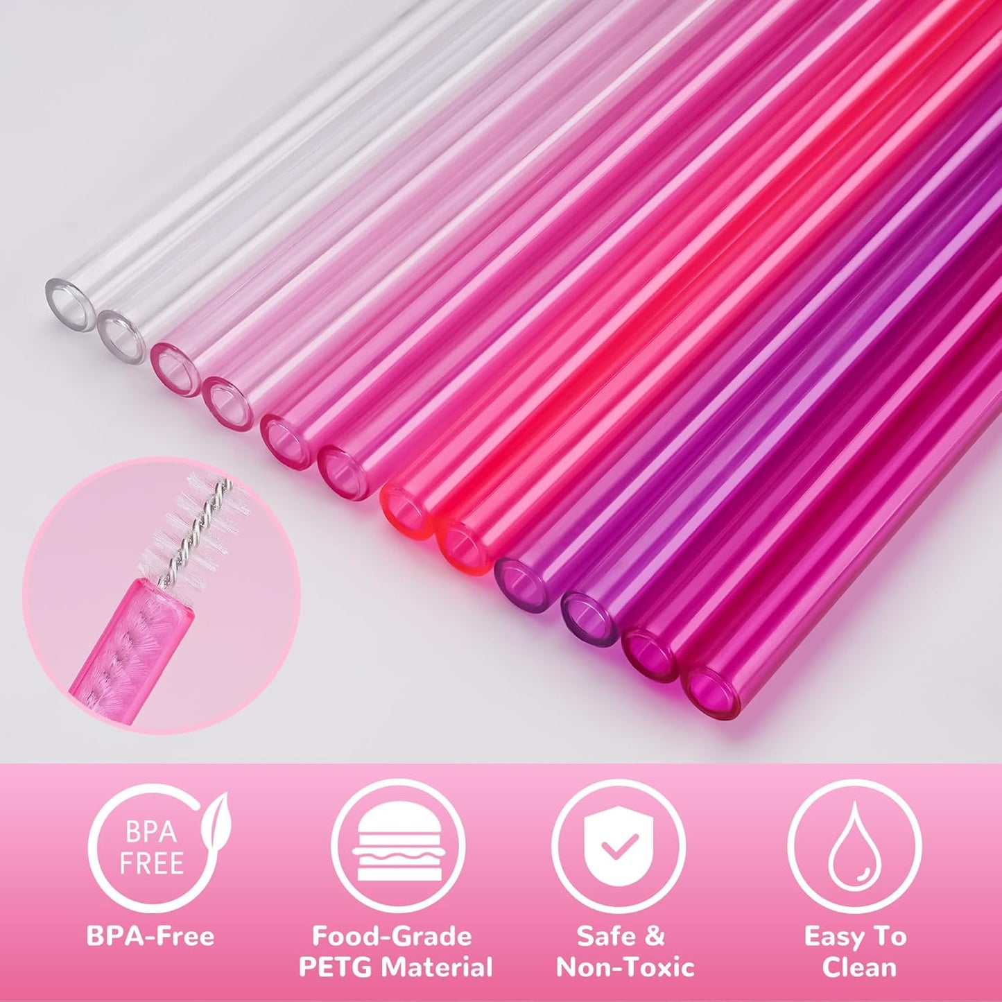 NiHome 12-Pack Plastic Reusable Drinking Straws for Stanley 40 oz 30oz 64 oz Tumbler, 6 Color 12 In Reusable Straws Fit for Stanley Cups w/ 2 Brushes, BPA-Free for Cold & Hot Beverages (Gradient Pink)