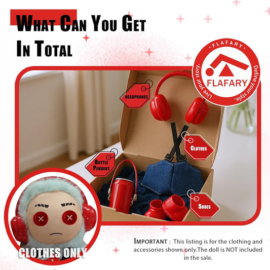 Doll Clothes for 17cm Dolls (No Doll Included) - Stylish and Adorable Outfits for Boys and Girls, Toy Fashion Accessories, Include Headphones, Small Bottle Pendant, Canvas Shoes(Red)