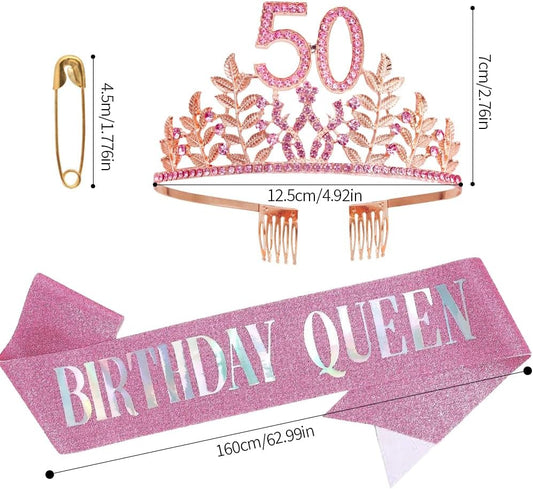 Birthday Sash Tiara Birthday Tiara Rhinestone Crown Rose Gold Birthday Queen Tiara Sash and Tiara for Women Birthday Decor Princess Tiara Cake Topper Crystals Hair Accessories for Party