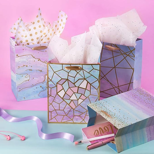 Loveinside Medium Size Gift Bags, Elegant Pattern Gift Bag with Tissue Paper for Shopping,Parties,Wedding, Baby Shower, Craft, Marble, 10" X 5" X 13"