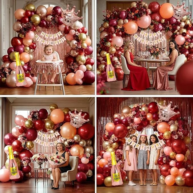 Burgundy Birthday Decorations, Double Stuffed Maroon Red Pink Gold Pearl Balloons Happy Birthday Banner Fringe Curtain Foil Balloons for Women Girls Birthday Mother's Day Bridal Shower Party Supplies