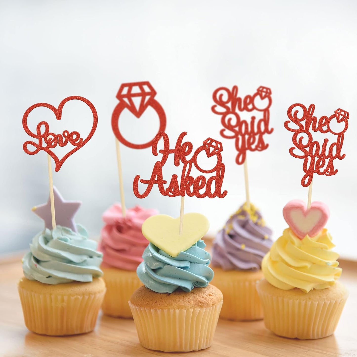 Gyufise 24 Pieces Red Glitter Engagement Cupcake Toppers He Asked She Said Yes Diamond Ring Heart Cupcake Picks for Wedding Bridal Shower Party Cake Decorations