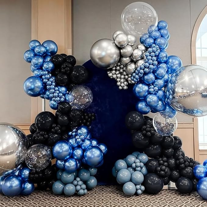 Royal Blue Black and Silver Balloons Garland Arch Kit, 162pcs Different Sizes with Black Royal Blue Metallic Silver Confetti Balloons for Birthday Anniversary 2025 Graduation Prom Party Decorations