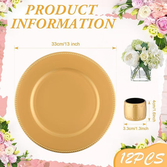 Gerrii 24 Pcs 13 Inch Gold Charger Plates Bulk with Napkin Rings Set Include 12 Pcs Plastic Beaded Charger Plates 12 Napkin Rings Round Dinner Set for Table Wedding Party