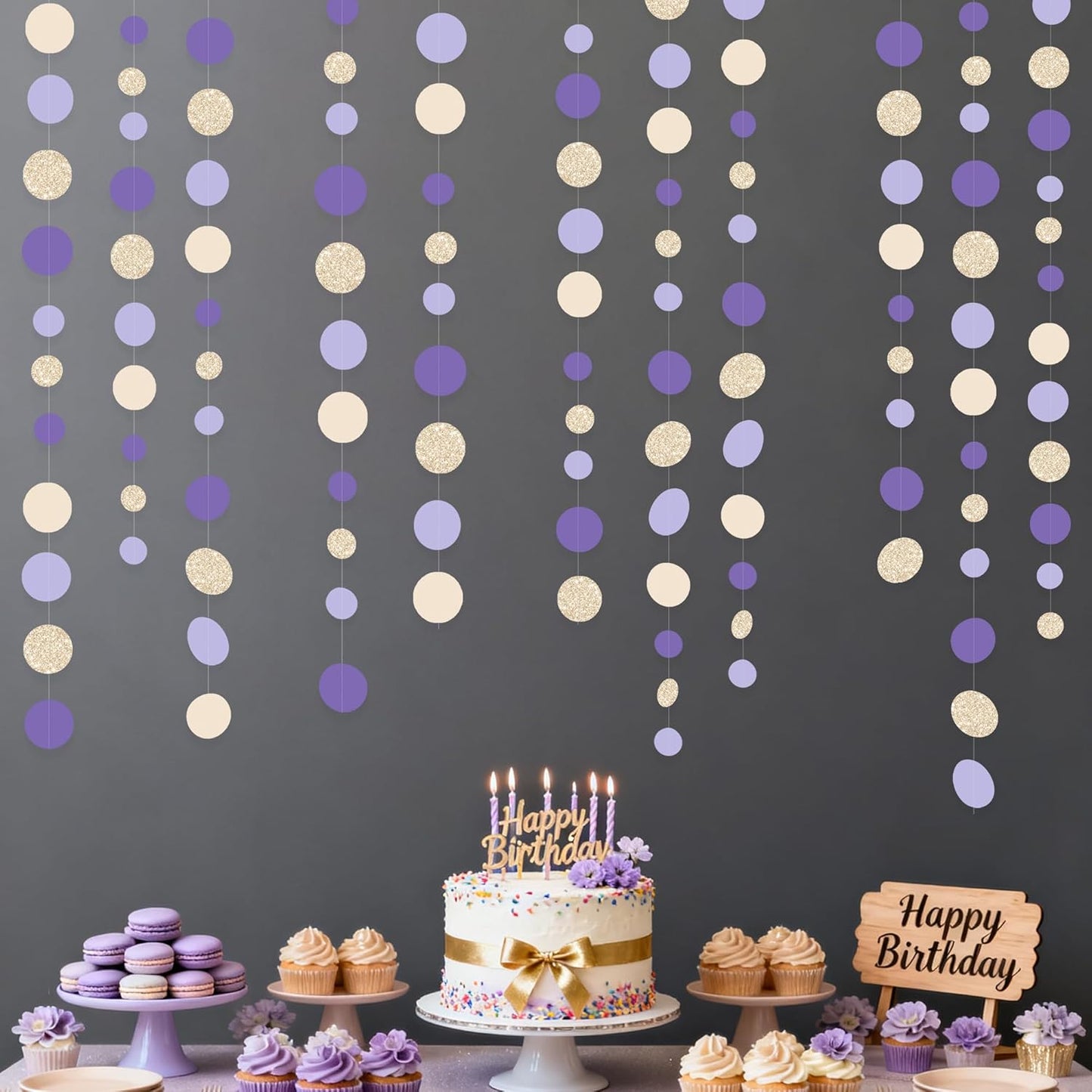 Champagne Gold Purple Cream Nude Polka Dots Garland Lavender Hanging Paper Circle Dot Streamer for Birthday Wedding Engagement Baby Shower Bridal Shower Lilac Violet Theme Party Decorations Supplies