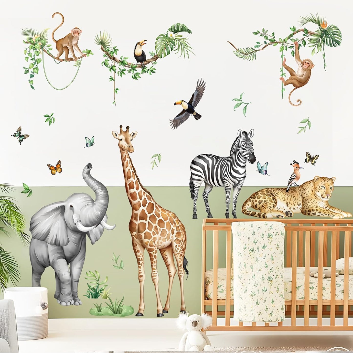 Jungle Safari Animal Wall Decals for Kids Room - Wildlife Wall Stickers Giraffe Elephant Leopard Zebra Monkey Removable Vinyl Nursery Decor for Baby Toddlers Classroom Playroom Wall Decor