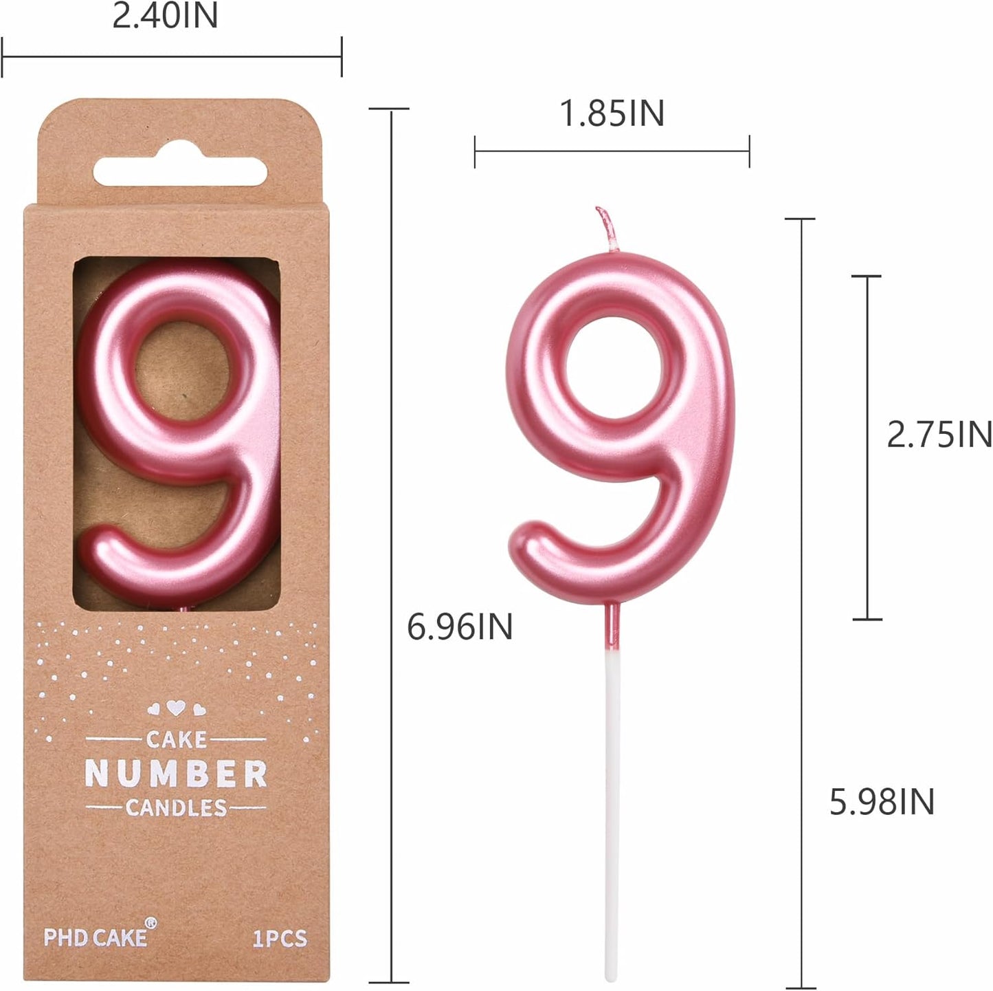 PHD CAKE 2.76 inch Classical Pink 9 Number Birthday Candles, Pink Number Candles, Cake Number Candles, Party Celebration
