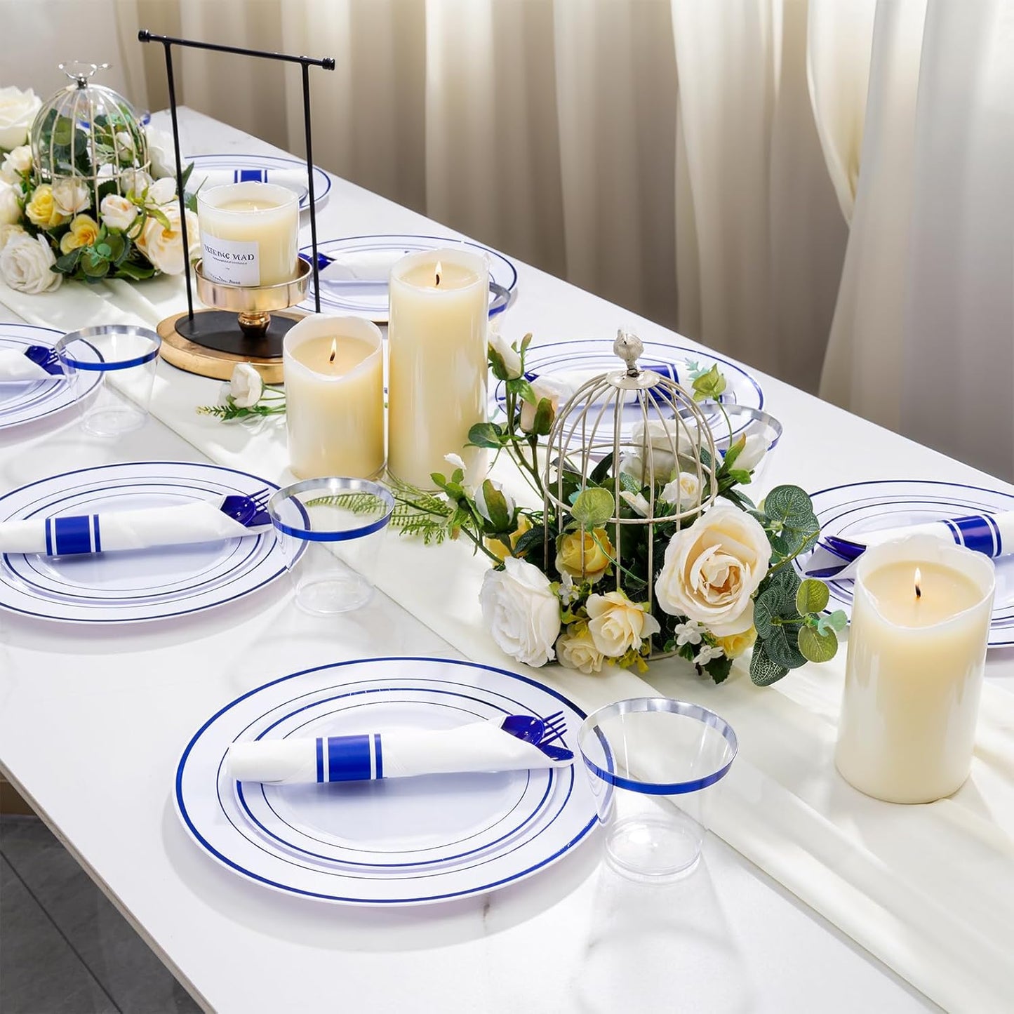 WELLIFE 350 Pieces Blue Plastic Plates - Disposable Silverware and Cups, Include: 50 Dinner Plates 10.25”, 50 Dessert Plates 7.5”, 50 Blue Cups 9 OZ, 50 Plastic Cutlery