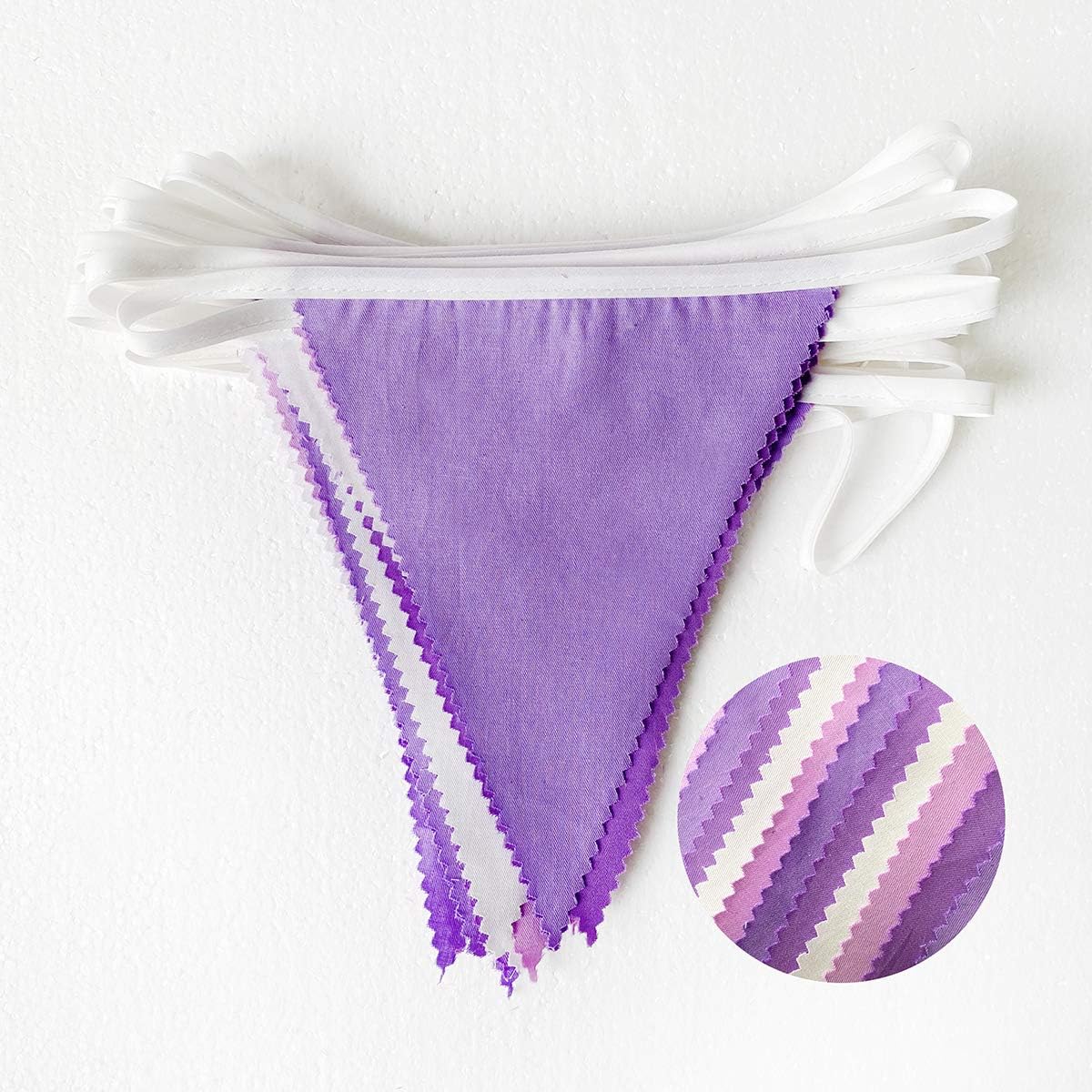 10M/32Ft Purple and White Pennant Banner Fabric Triangle Flag Cotton Cloth Bunting Garland Kit for Wedding Birthday Lavender Party Home Nursery Outdoor Garden Hanging Festivals Decoration (36Pcs)