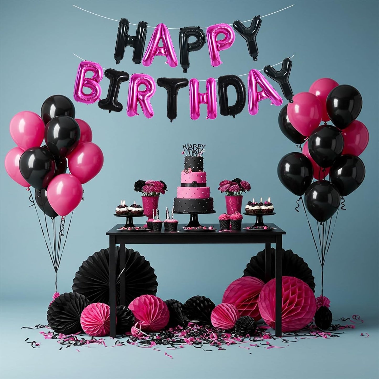 TONIFUL Happy Birthday Balloons Banner 16 Inch Mylar Foil Letters Birthday Sign Reusable for Girls Boys Kids & Adults Birthday Party Decorations Supplies(Black Pink)