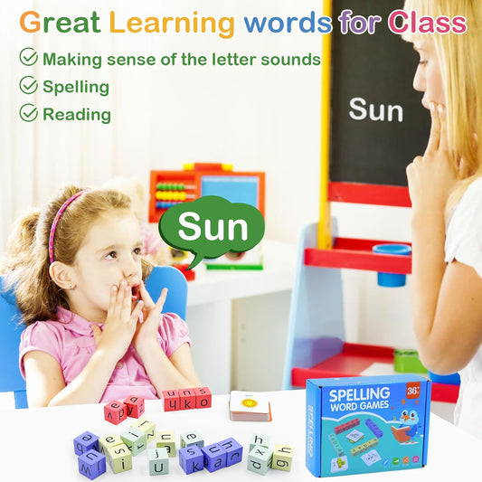 Word Spelling Game, Matching Letter Game for Kids, Fast-paced Word Race Game, 54pcs Flash Cards Alphabet Blocks, Preschool Learning Toys Gift for Kids Ages 3-8