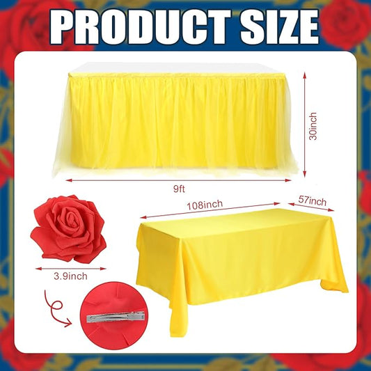 Rose Beauty Princess Party Tablecloth Golden Yellow Tulle Table Skirt 30 x 108 Inch Rose Beauty Cartoon Themed Tables Cover for Princess Birthday Party Decor Supplies