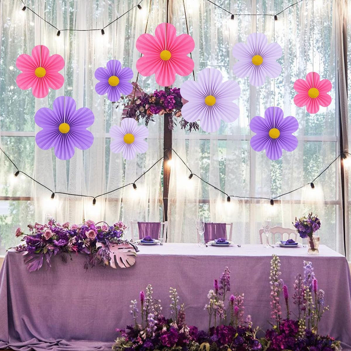 Purple Party Decorations Paper Flowers Decorations for Wall Classroom Paper Fans Floral Backdrop Flower Wall Decor Pack of 9 Pink Purple