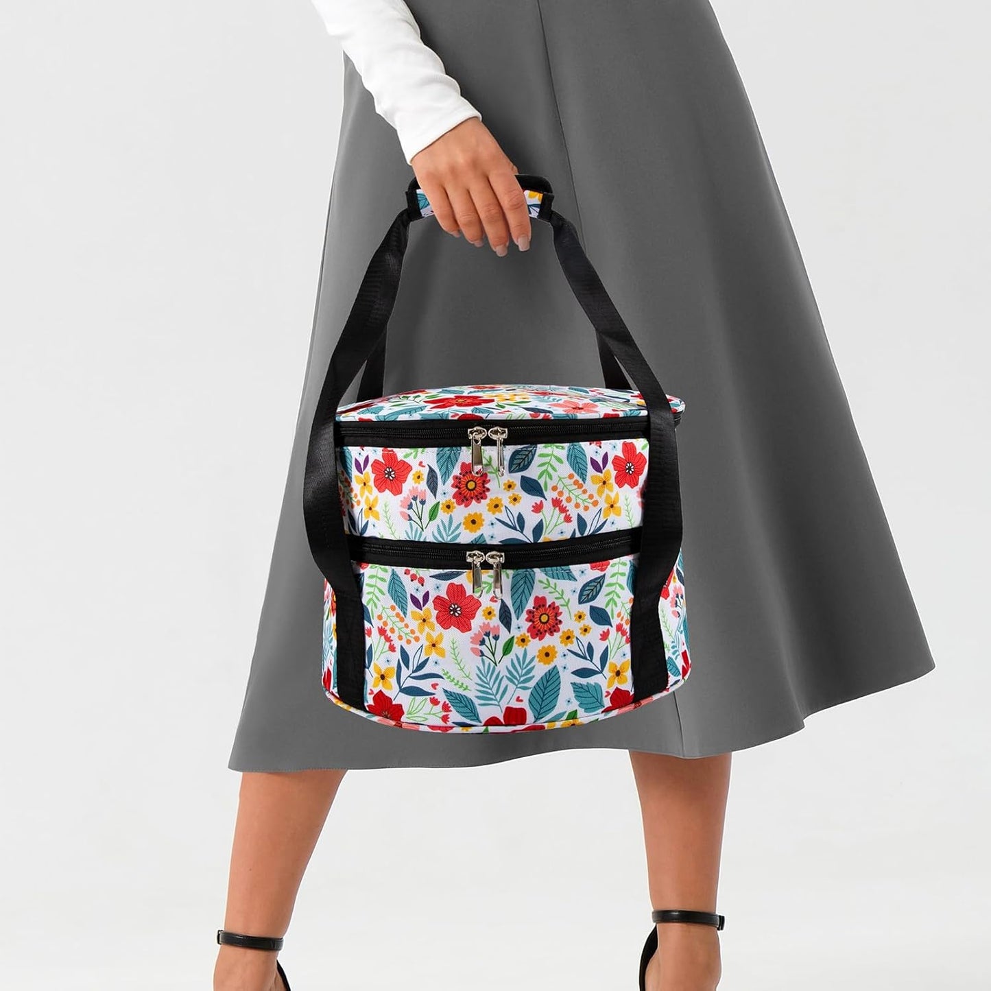 Casserole Carrier,12.5 Pie Carrier, Insulated Casserole Carrier Storage Bag with Carry Handles, 2 Compartments Insulated Lunch Bag Potluck Carrier Salad Bowl Holder (Floral)