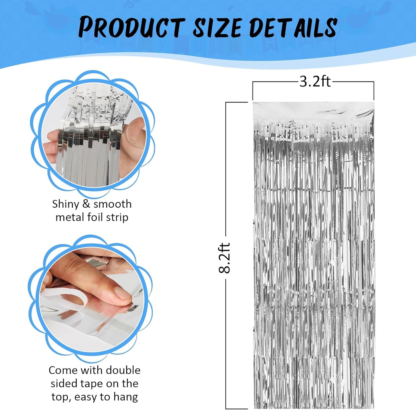 Accevo Silver Party Streamers 3Pack Metallic Tinsel Foil Fringe Curtains 3.2ft x 8.2ft Party Decorations for Photo Booth Photoshoot Birthday Bridal Shower Engagement Bachelorette Disco Party Decor