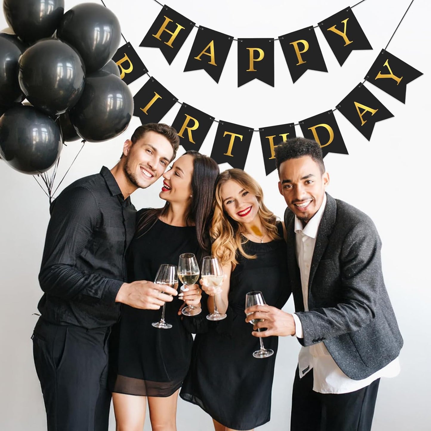 Black Happy Birthday Banner Birthday Party Banner NO DIY Happy Birthday Sign Metallic Gold Pre-Strung Birthday Hanging Decoration for Women Men Girl Boy Party Supplies (Black)