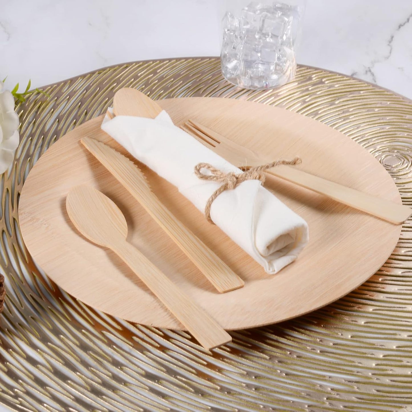 Pre Rolled Napkin and Bamboo Cutlery Set - 100Pack Bamboo Utensils/Compostable Cutlery(100 Forks, 100 Knives, 100 Spoons, 100 Napkins), Biodegradable Wrapped Cutlery for Party, Wedding, Events