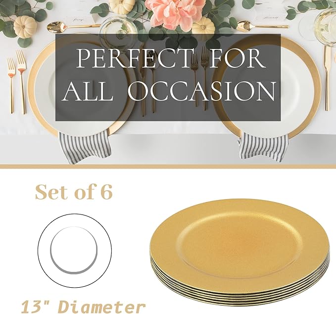 MAONAME Gold Charger Plates Set of 6, 13-Inch Round Plate Chargers for Dinner Plate, Plastic Table Chargers for Wedding Decor, Party