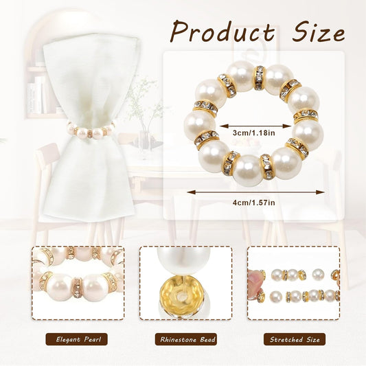 DaMohony 100pcs Pearl Napkin Rings, Golden Elastic Stretched Serviette Rings Buckle, Imitation Serviette Beaded Napkin Rings for Wedding Party Dining Table Decor