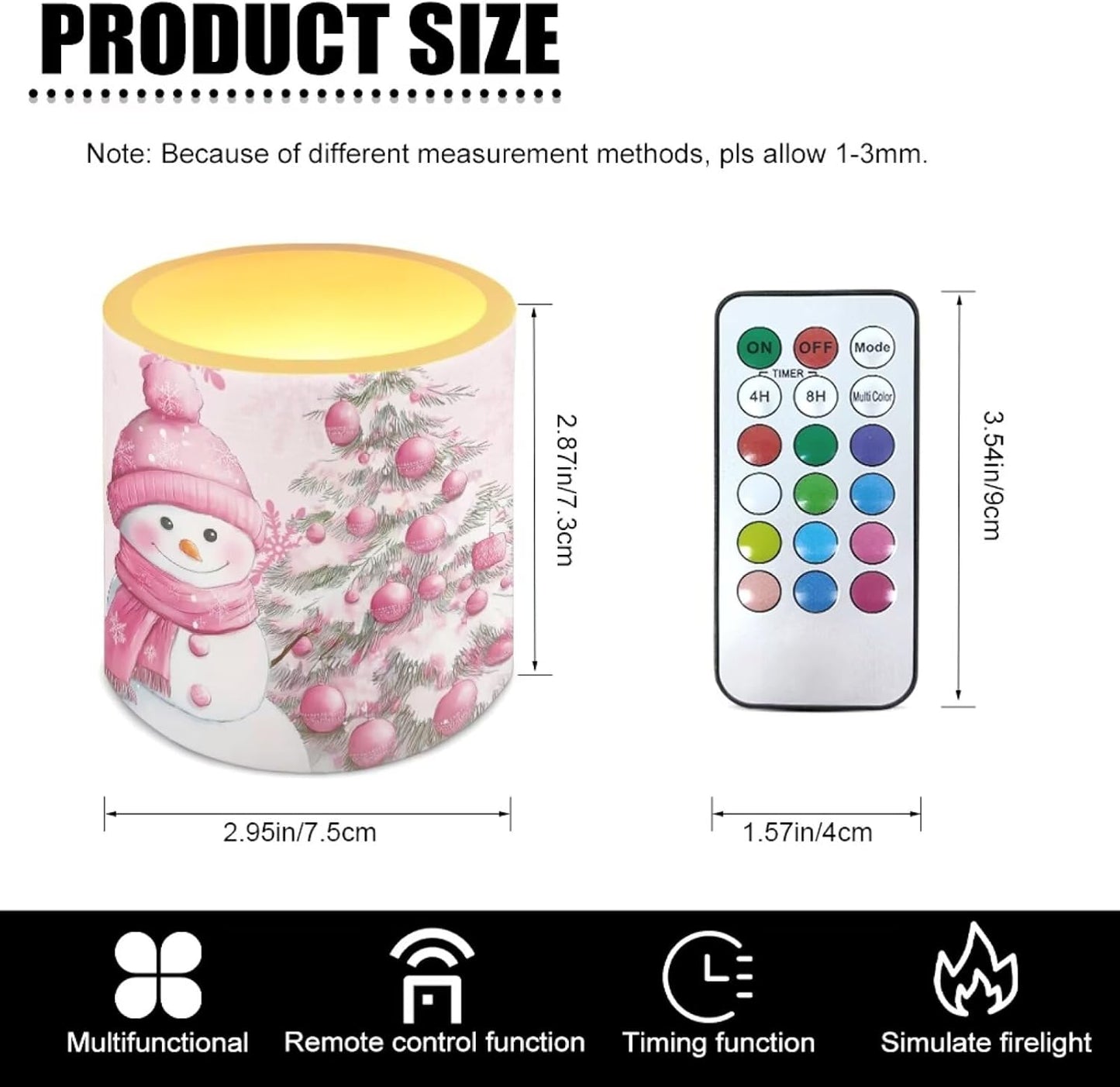 Poceacles Christmas LED Candles Set of 4 Battery Powered Flameless Candles with Multi-Color Lighting Options, Timer Function, for Indoor Outdoor Decor, Snowman Christmas Tree Pink