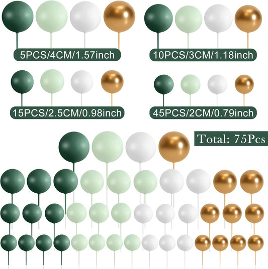 75 Pcs Cake Balls Topper Decorations Foam Cupcake Topper Mini Balloon Cake Topper Balls Cake Picks for Cake Deco Birthday Party Wedding(Green,Gold, White)