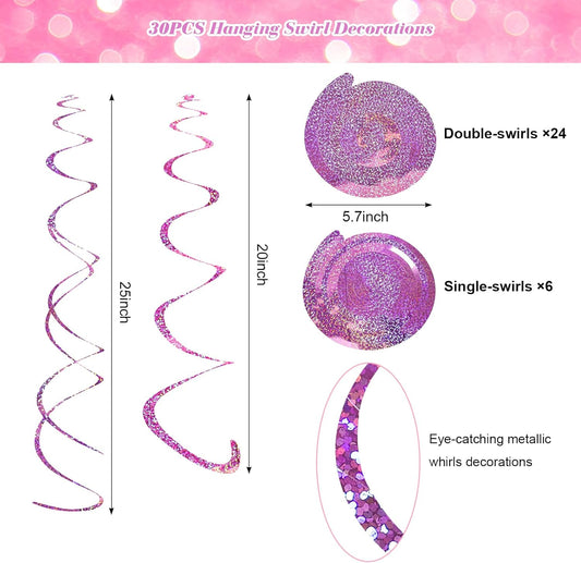 Fumwase 30PCS Hanging Swirl Party Decorations Shinny Foil Plastic Party Streamer for Ceiling Ornament Set for Home School Birthday Wedding Halloween Decorations (Pink)