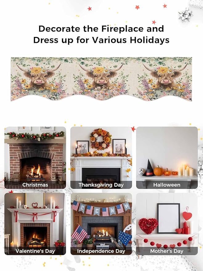 Spring Cow Floral Fireplace Mantel Scarf Table Runner, Green Eucalyptus Leaves Linen Winter Garland Mantel Top Tablerunners Dresser Scarves Cover Decorations for Windows Party Living Room 60''x17''