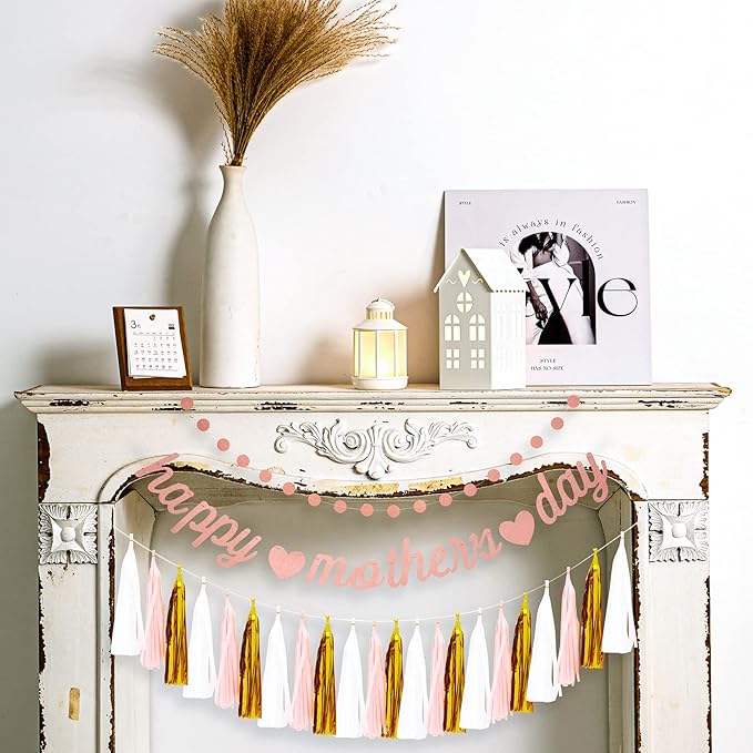 Mother's Day Party Decorations Kits Tissue Paper Pom Poms Flowers Rose Gold Happy Mother's Day Banner Tassel Garland Pom Pom Garlands Polka Dot Paper Garland Hanging Decor for Mother's Day (Rose Gold