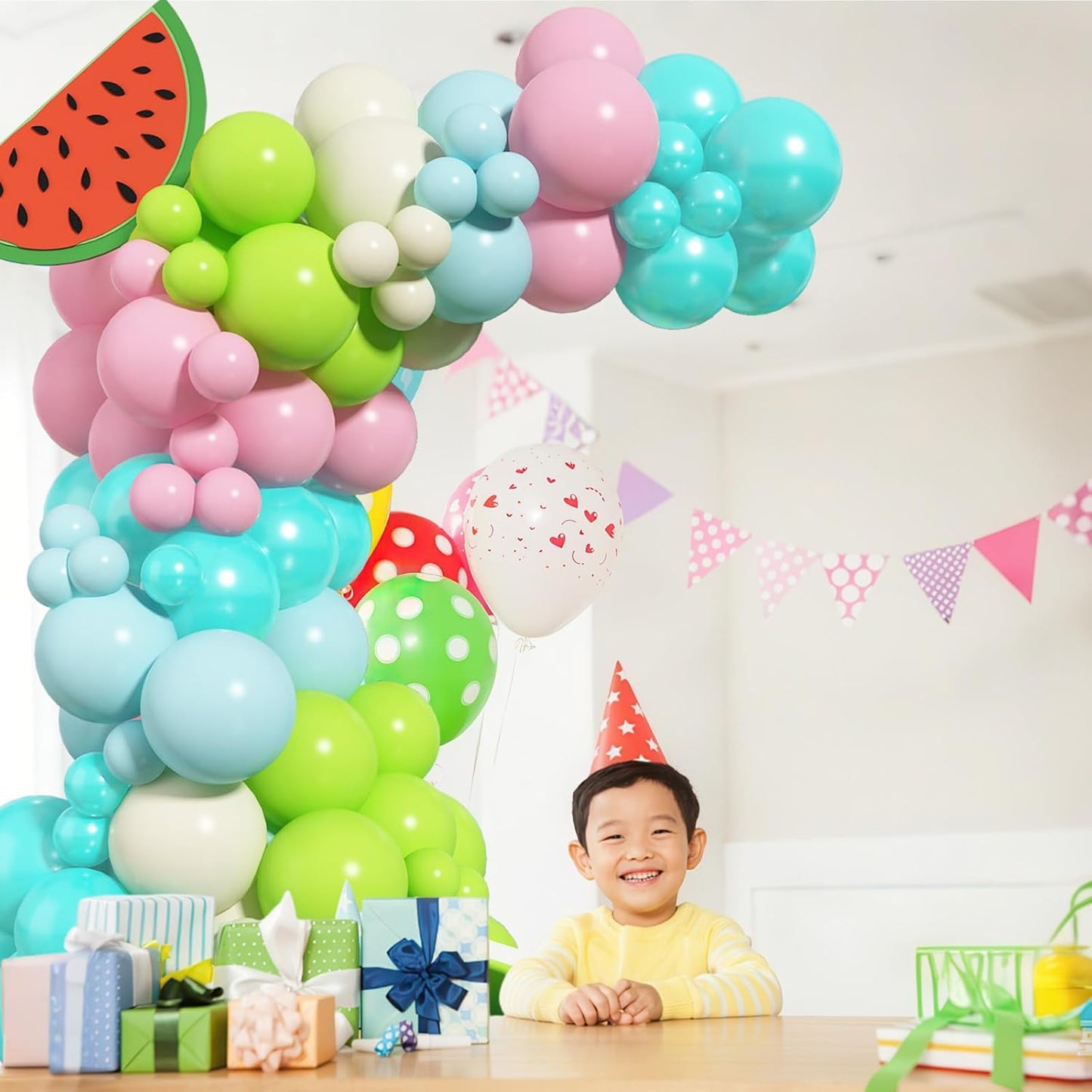 Summer Tropical Balloon Arch Kit Hawaiian Pearl Teal Blue Lime Green Pastel Pink Blue Ivory Colorful Balloons Garland for Hawaiian Luau Aloha Pool Beach Birthday Baby Shower Party Decorations