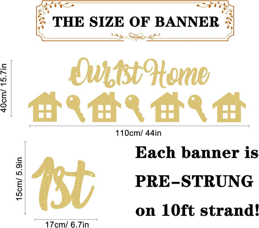 Pre-Strung Our 1st Home Banner - Gold Glitter Welcome Back Party Decorations & Decor, Perfect for Housewarming, Homecoming, & Military Return