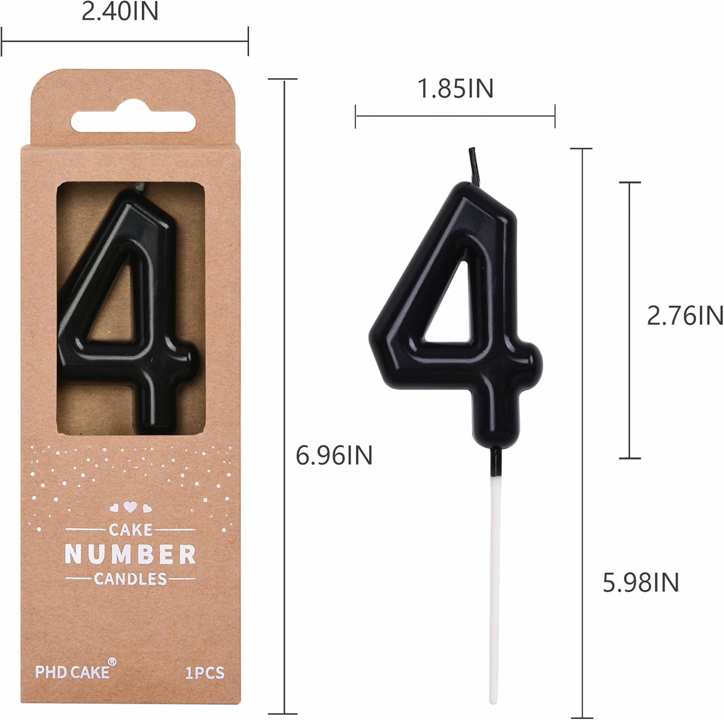 PHD CAKE 2.76 inch Classical Black 4 Number Birthday Candles, Black Number Candles, Cake Number Candles, Party Celebration