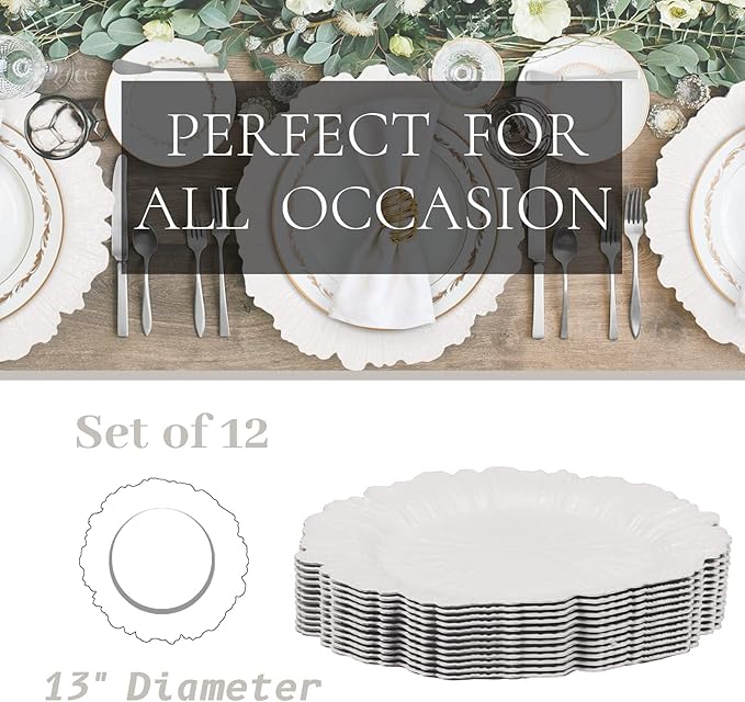 MAONAME White Charger Plates Set of 12, Reef Plate Chargers for Dinner Plate, Plastic Decorative Plates for Table Setting, Thanksgiving, Christmas