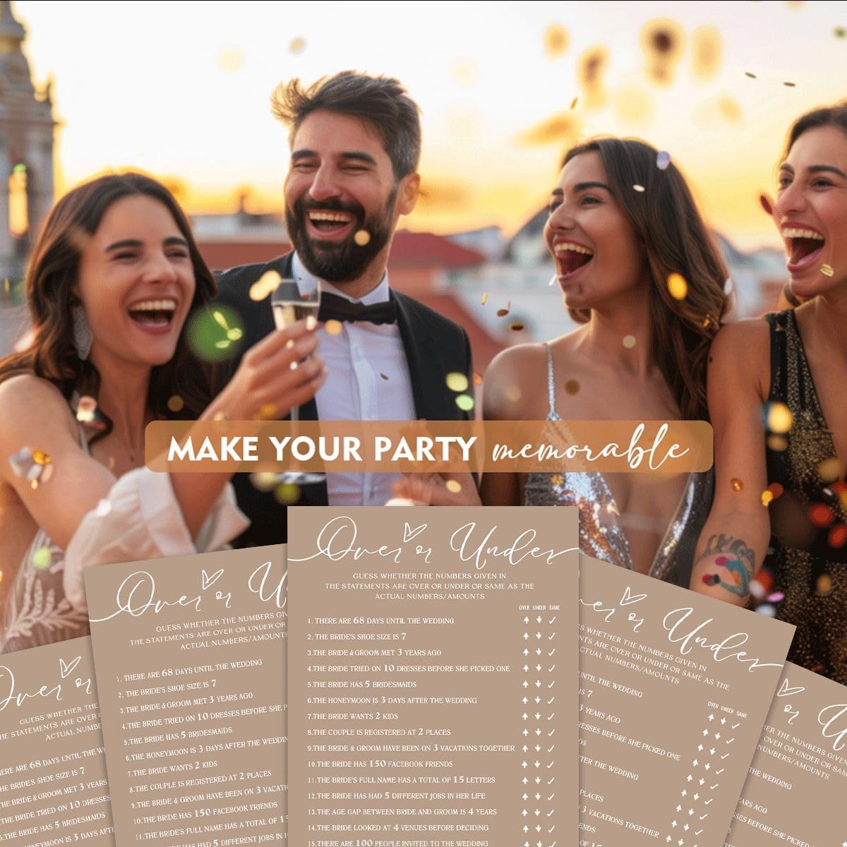Bridal Shower Games Cards, Guess Over or Under, 25 Guests, Engagement Party Wedding Games, Minimalist Brown Wedding Party Supplies - D13