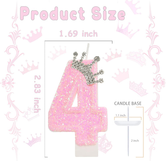 Birthday Candle for Cake, Crown Pink Number Candles, 2.76 inch Cake Topper Decoration for Birthday Party (Number 4)
