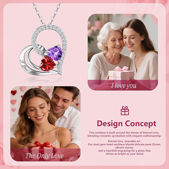 Double Birthstone Heart Necklace 0.8CT Dual-Gemstone S925 Sterling Silver Plated White Gold Engraved I Love You Perfect Anniversary/Valentine's Day Gift for Wife/Girlfriend/Mom/Daughter